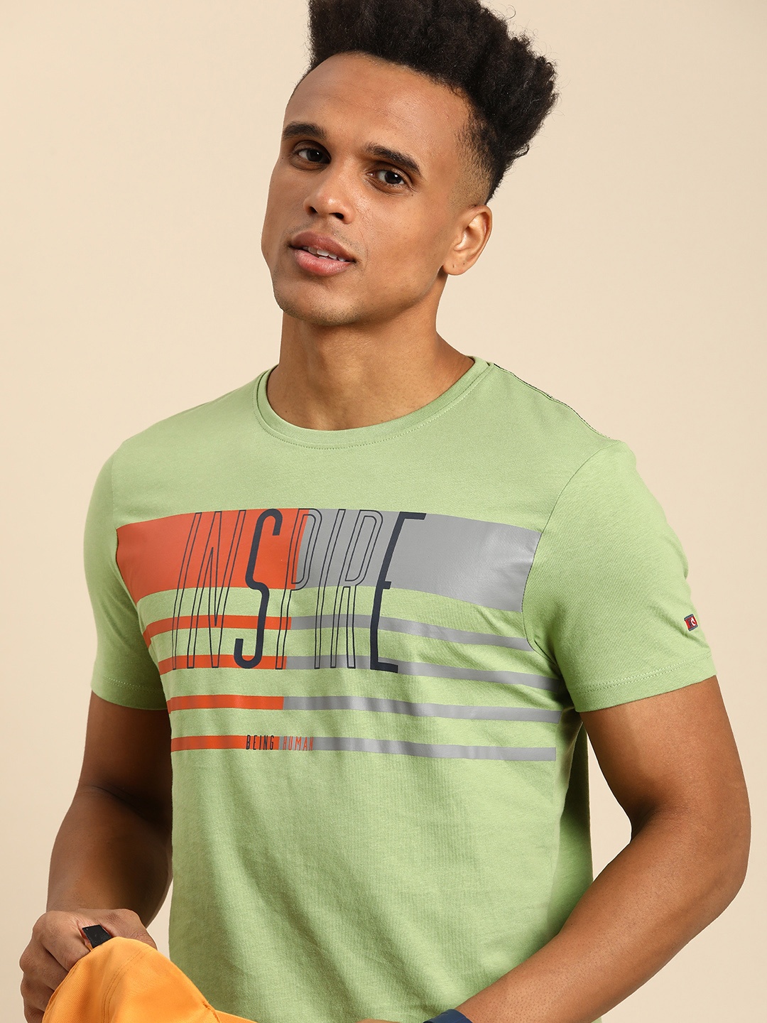 

Being Human Typography Printed And Striped Pure Cotton T-shirt, Green