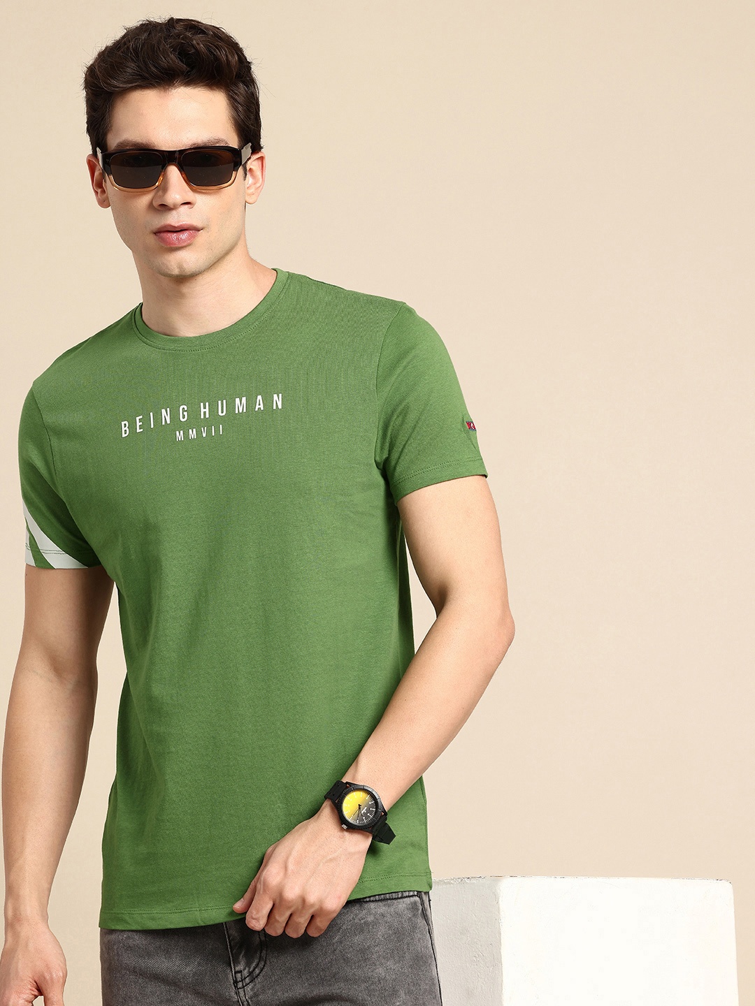 

Being Human Pure Cotton Brand Logo Printed T-shirt, Green