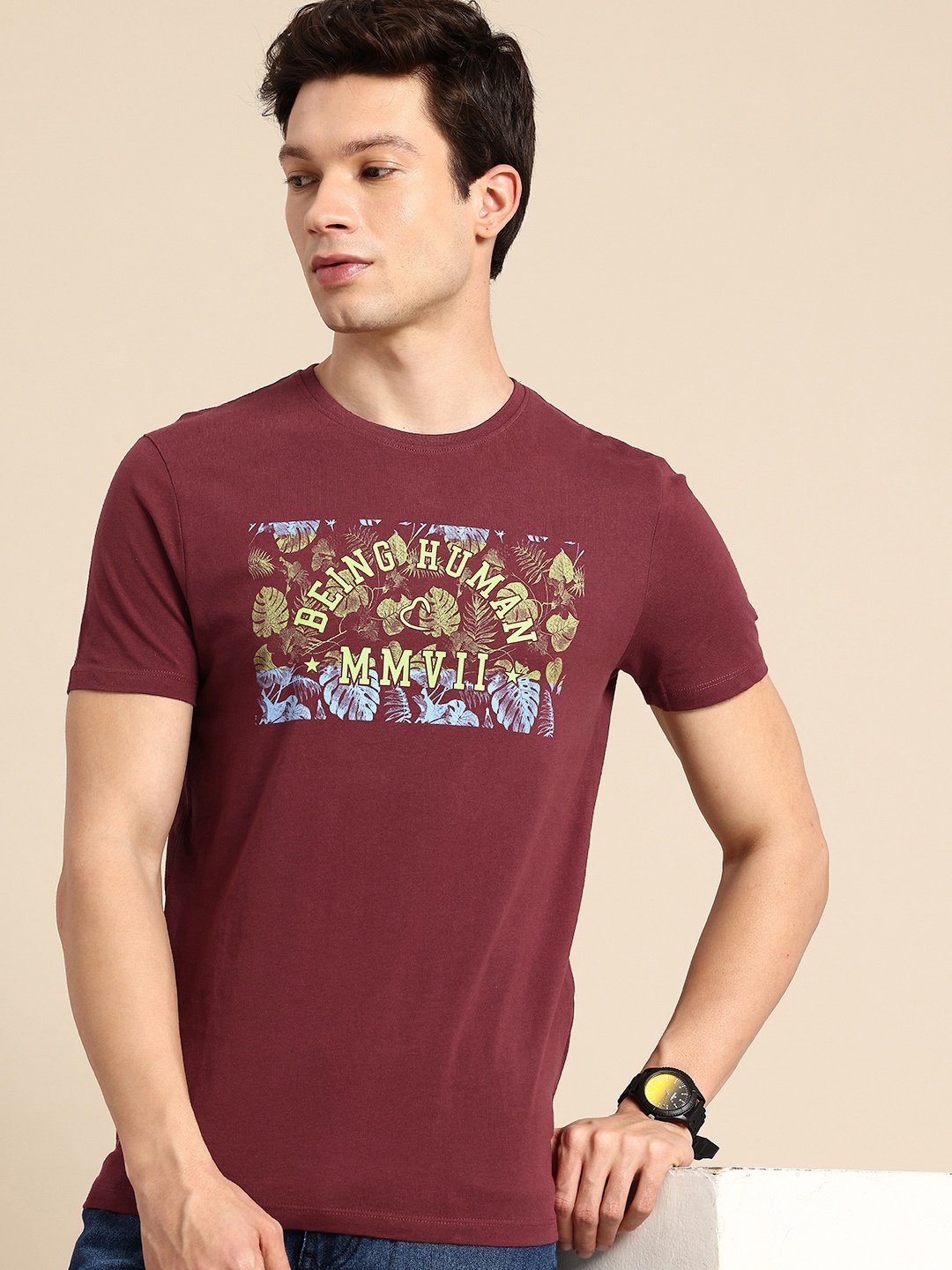 

Being Human Brand Logo Printed Pure Cotton T-shirt, Maroon
