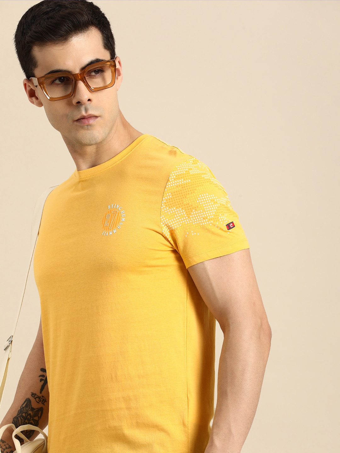 

Being Human Pure Cotton Applique T-shirt, Yellow