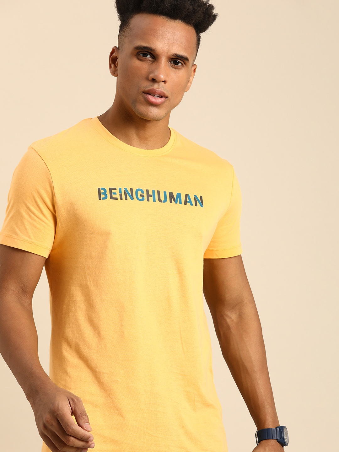 

Being Human Typography Printed Pure Cotton T-shirt, Yellow