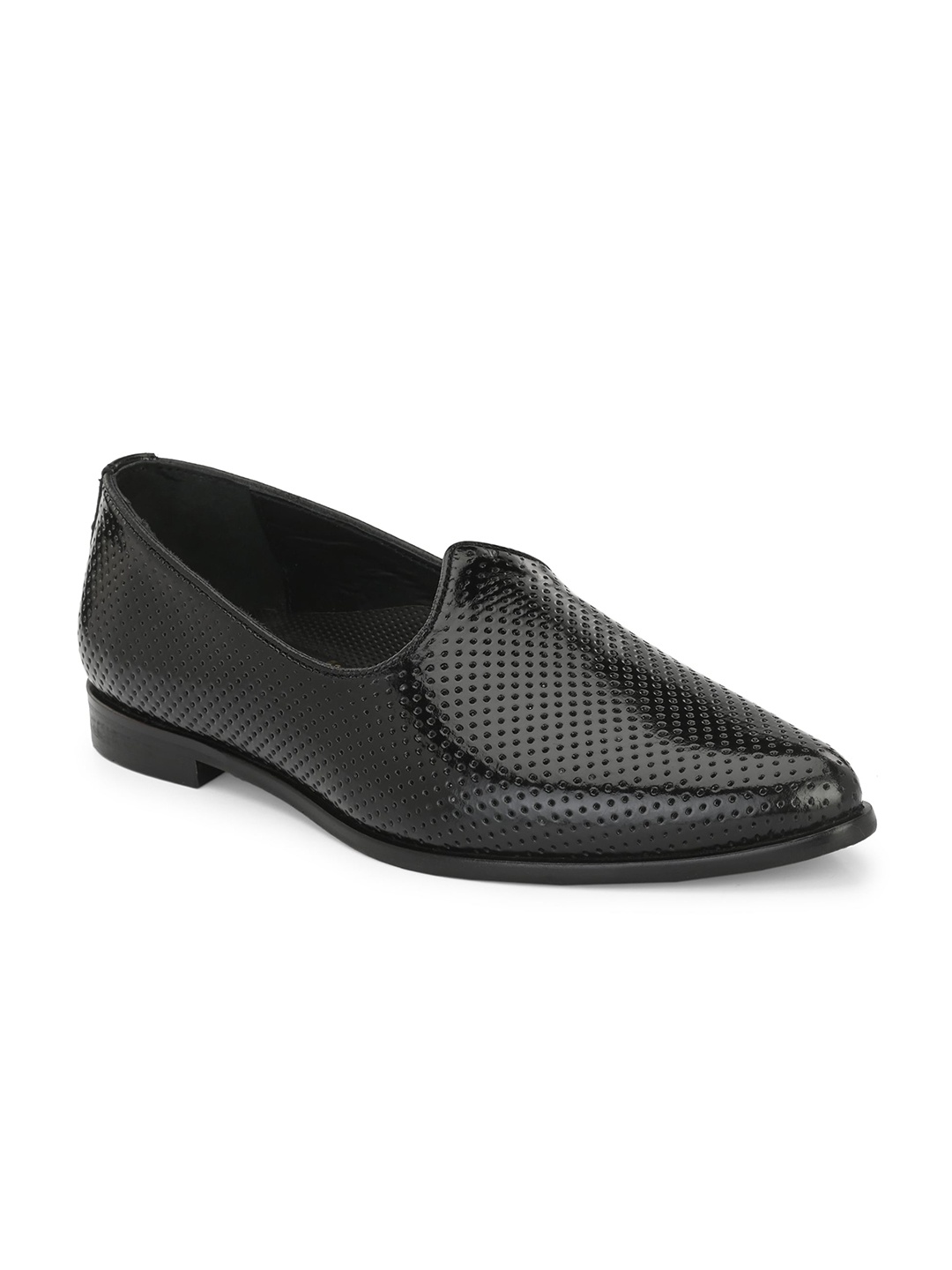 

Hitz Men Pointed Toe Perforations Leather Ethnic Mojaris, Black