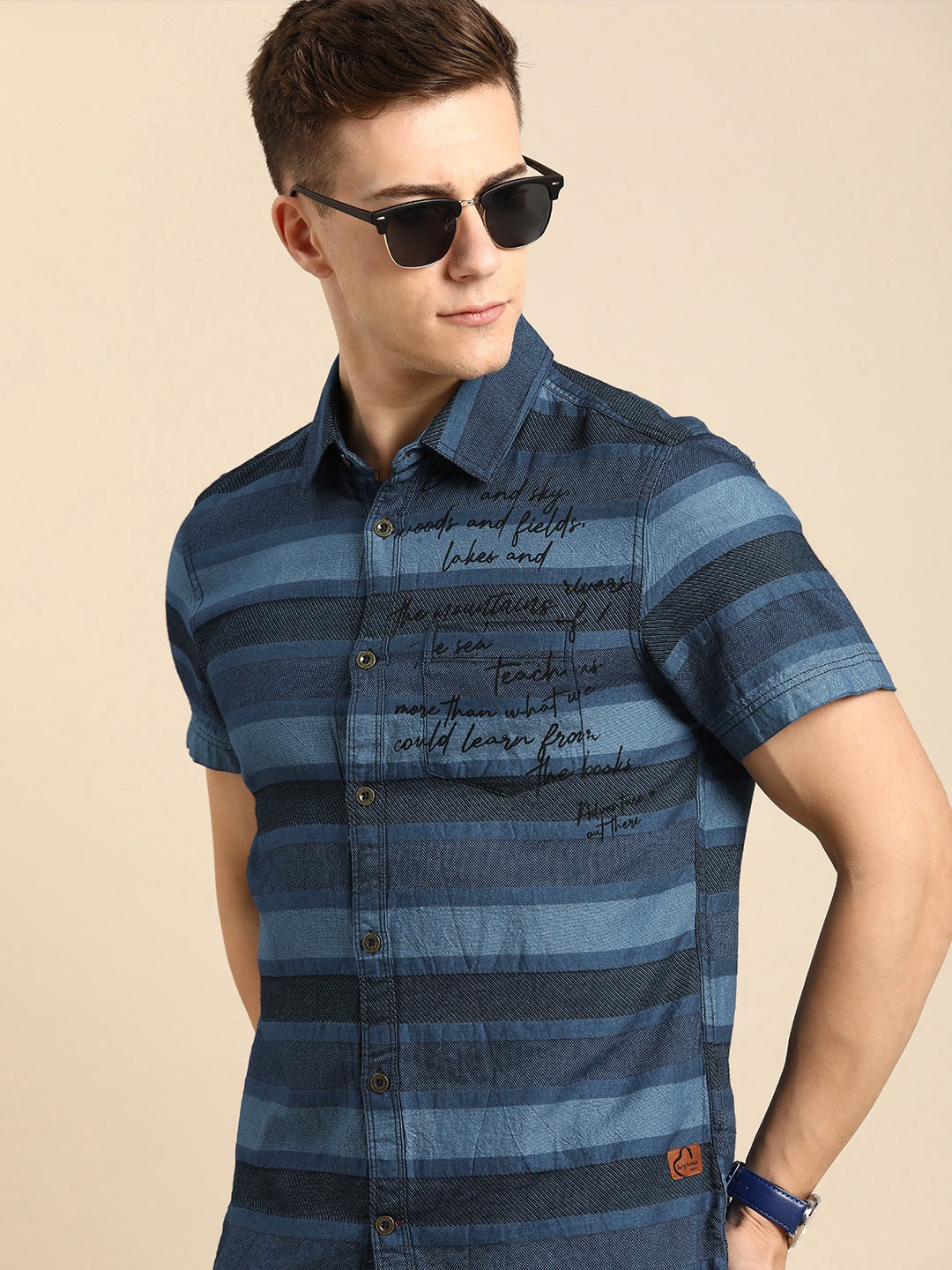 

Being Human Slim Fit Self-Design Stripes Pure Cotton Casual Shirt, Navy blue