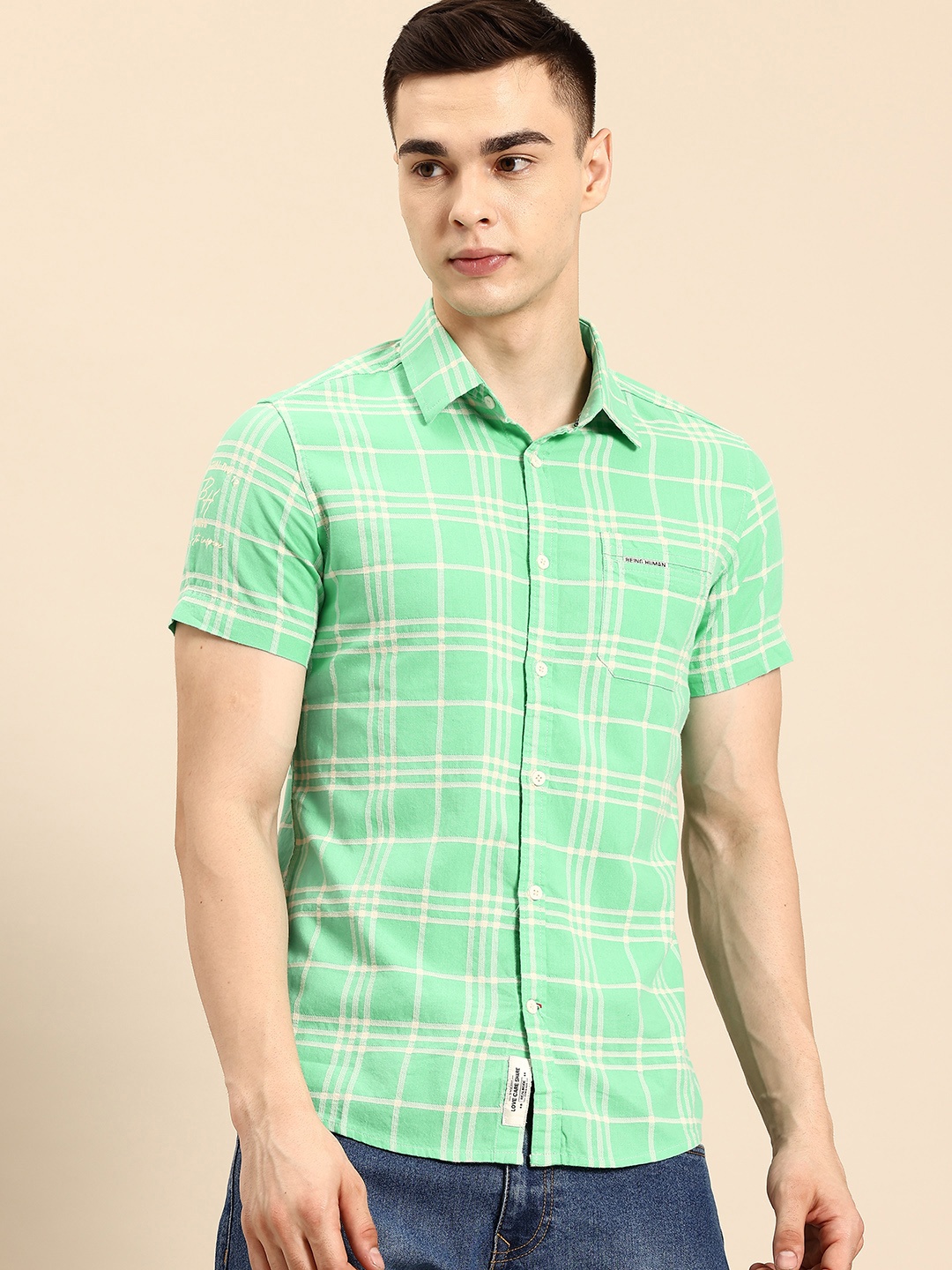 Being Human Slim Fit Pure Cotton Checked Casual Shirt, Green