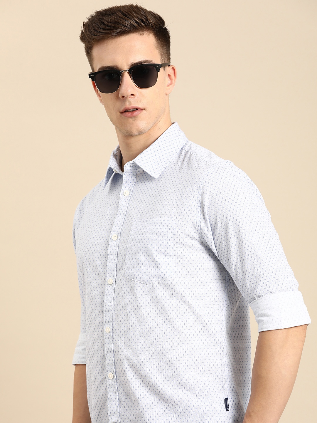 

Being Human Slim Fit Micro-Ditsy Printed Pure Cotton Casual Shirt, White