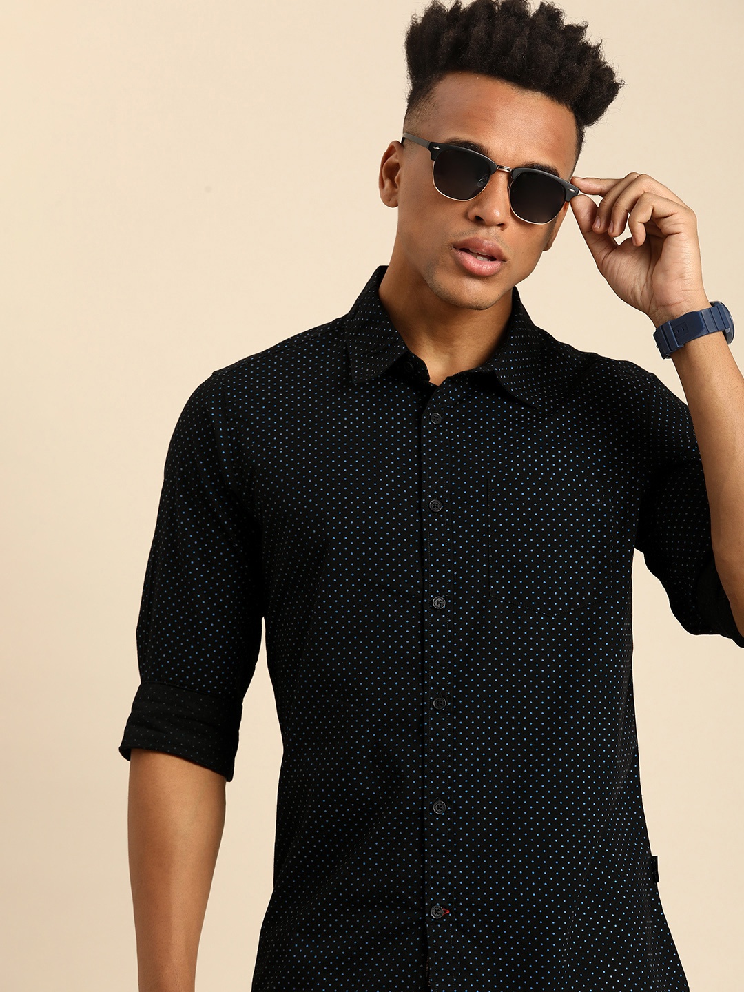 

Being Human Slim Fit Polka Dot Printed Pure Cotton Casual Shirt, Black