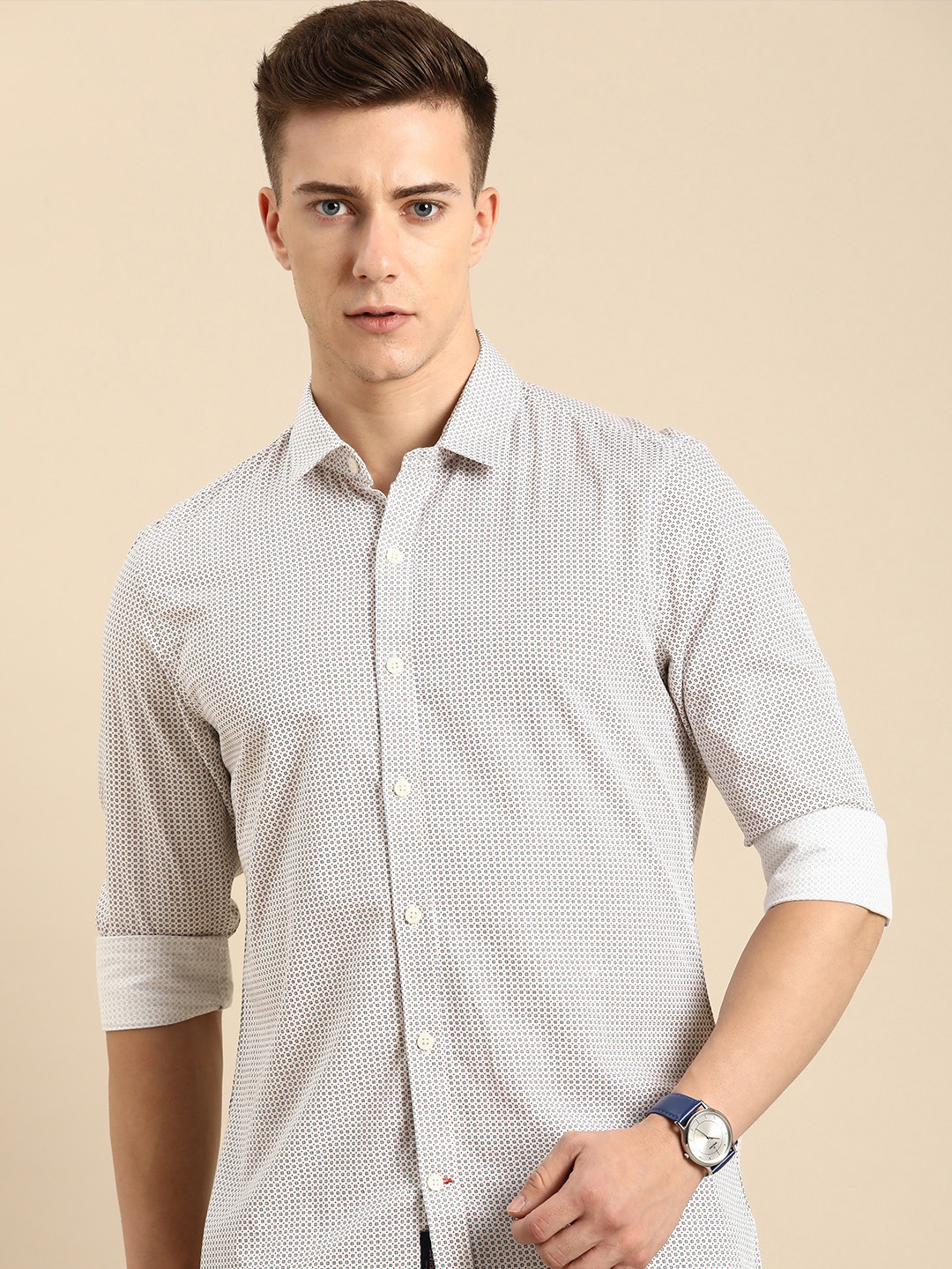 

Being Human Slim Fit Geometric Printed Pure Cotton Casual Shirt, White