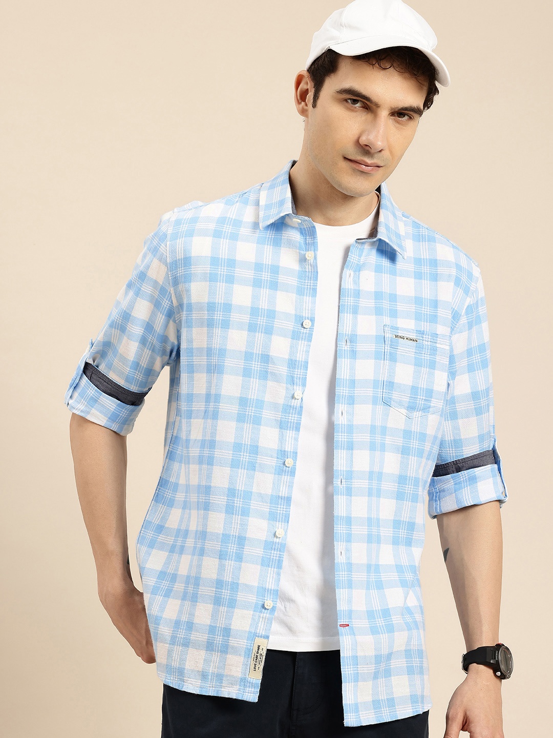 

Being Human Slim Fit Tartan Checked Pure Cotton Casual Shirt, Blue
