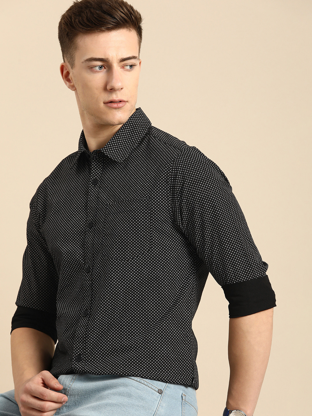 

Being Human Slim Fit Geometric Printed Pure Cotton Casual Shirt, Black