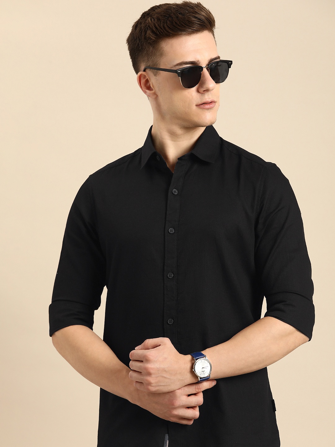 

Being Human Textured Slim Fit Pure Cotton Casual Shirt, Black