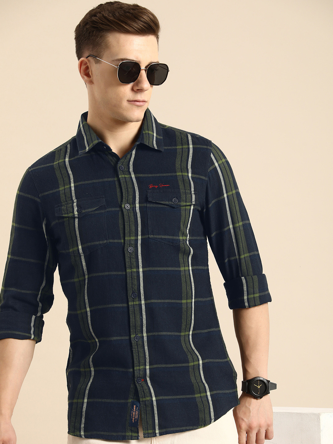 

Being Human Slim Fit Tartan Checked Pure Cotton Casual Shirt, Navy blue