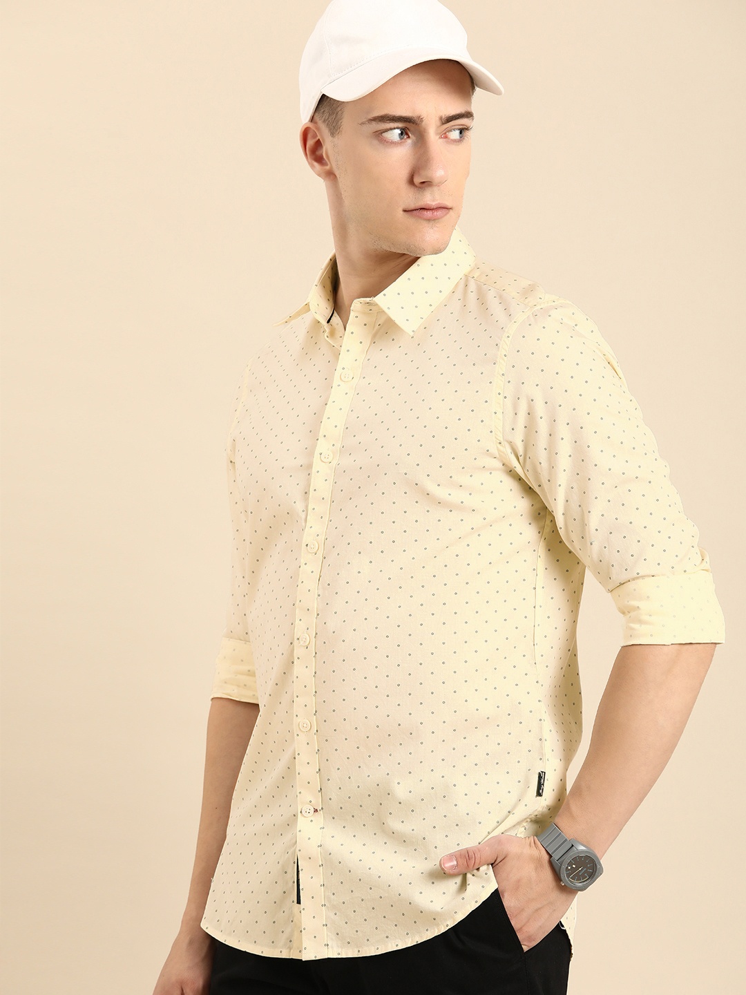 

Being Human Slim Fit Geometric Printed Pure Cotton Casual Shirt, Cream