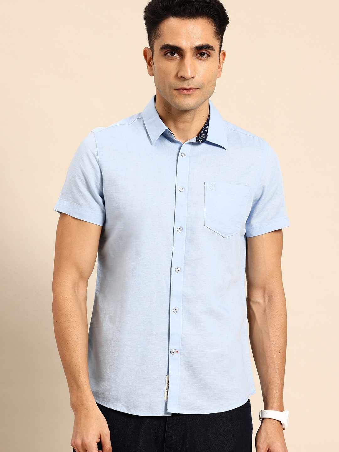 

Being Human Cotton Linen Slim Fit Opaque Casual Shirt, Blue