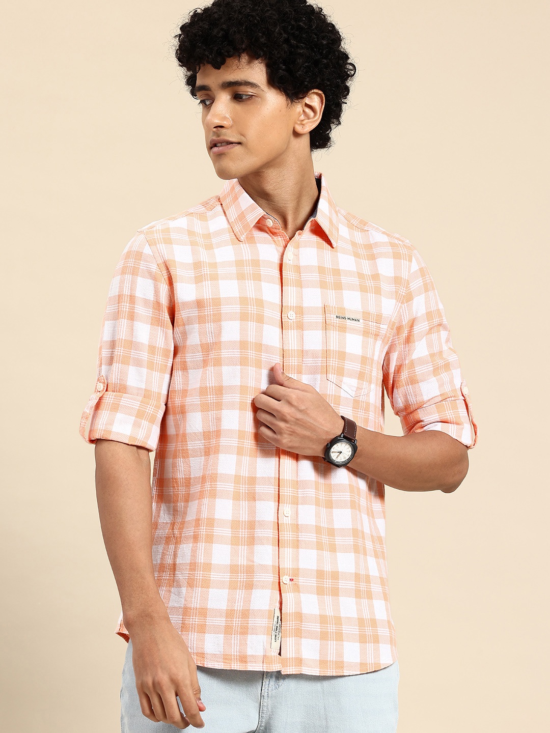 

Being Human Slim Fit Opaque Checked Casual Shirt, Orange