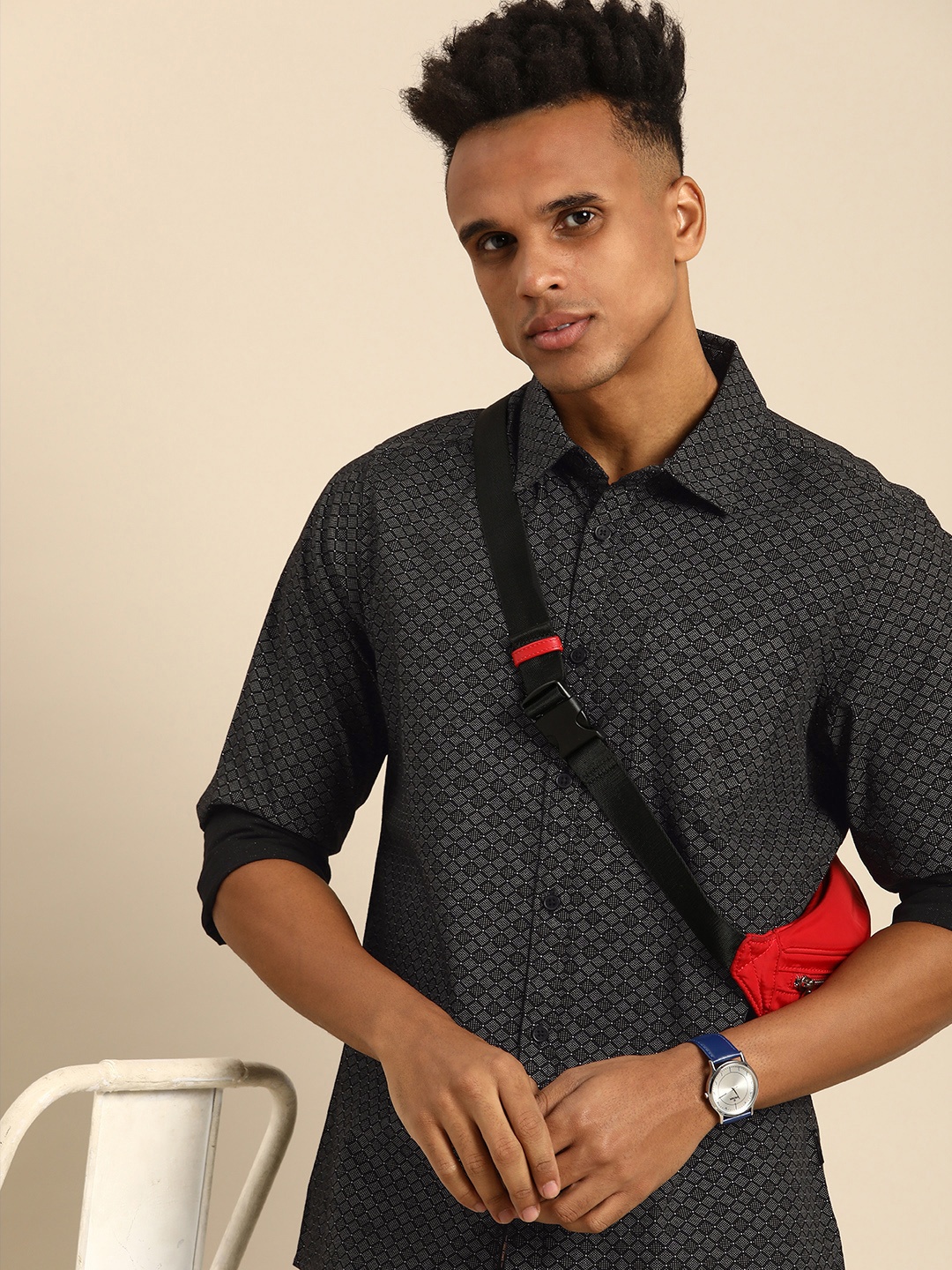 

Being Human Slim Fit Geometric Printed Pure Cotton Casual Shirt, Black