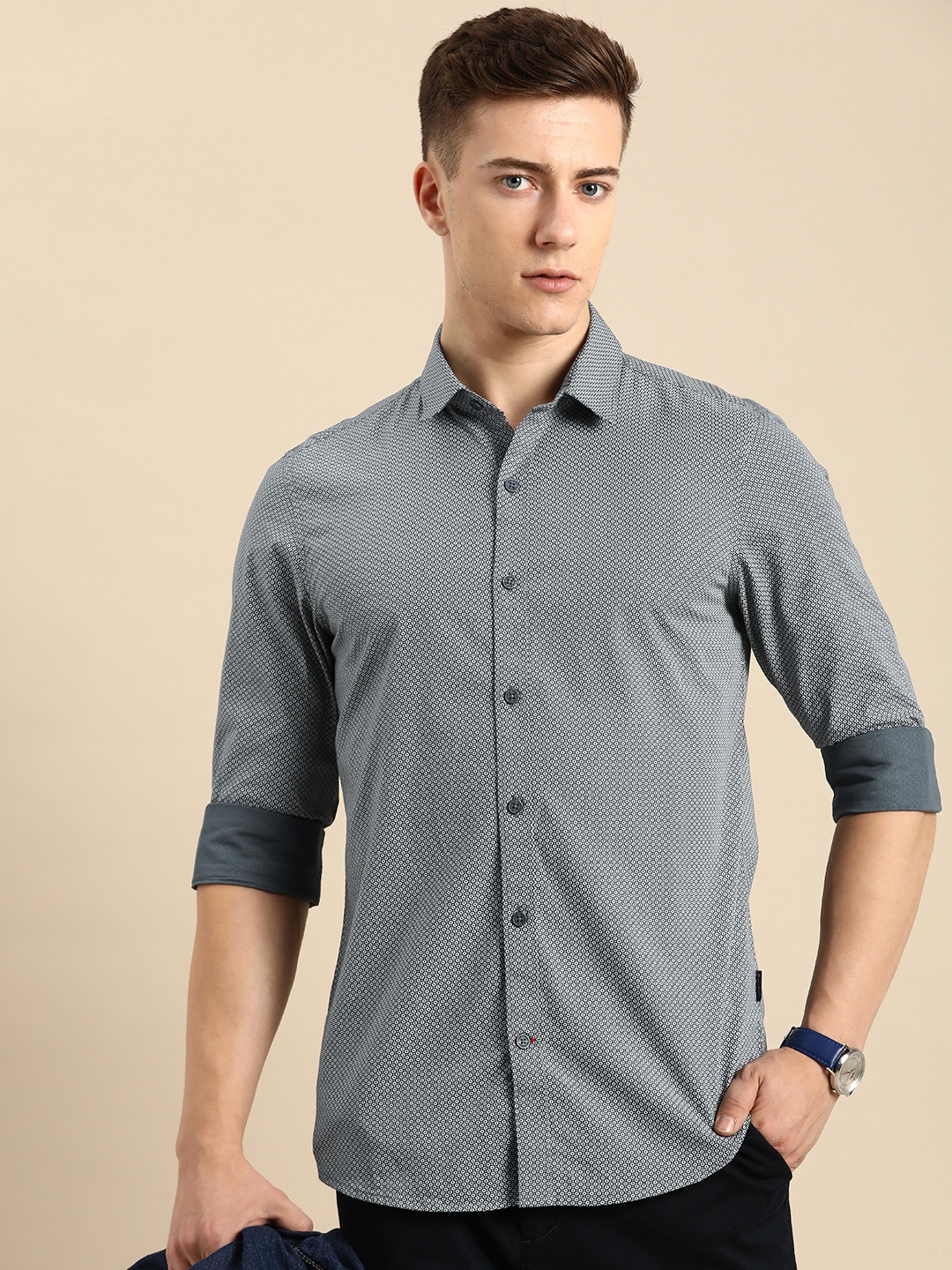 

Being Human Pure Cotton Slim Fit Geometric Printed Casual Shirt, Grey