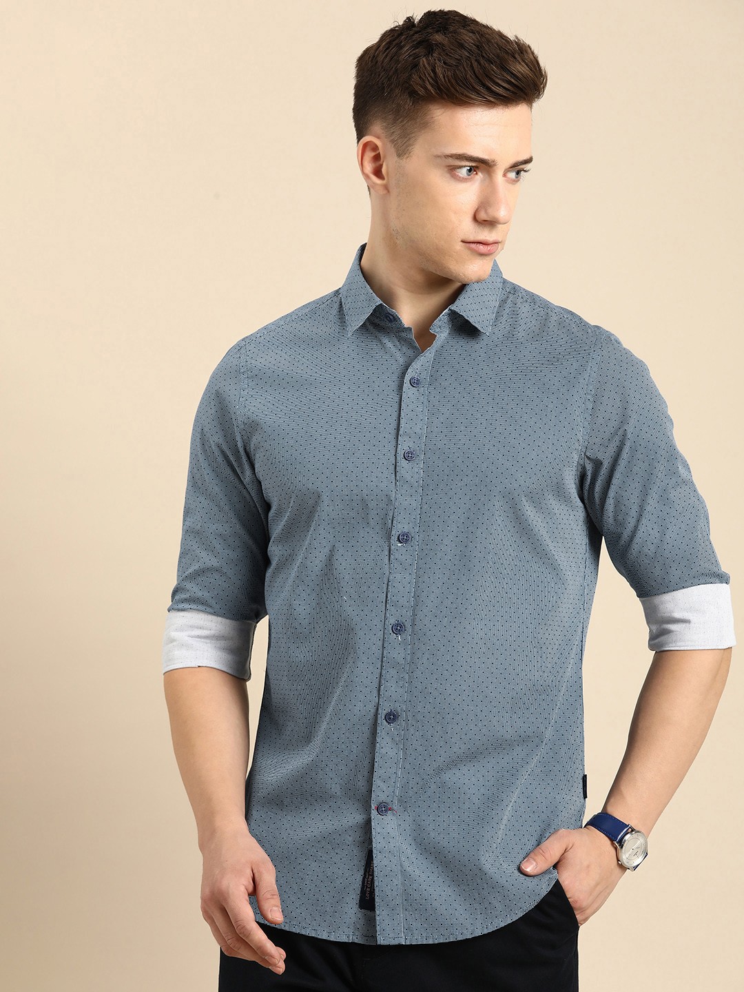 

Being Human Pure Cotton Slim Fit Geometric Printed Casual Shirt, Navy blue