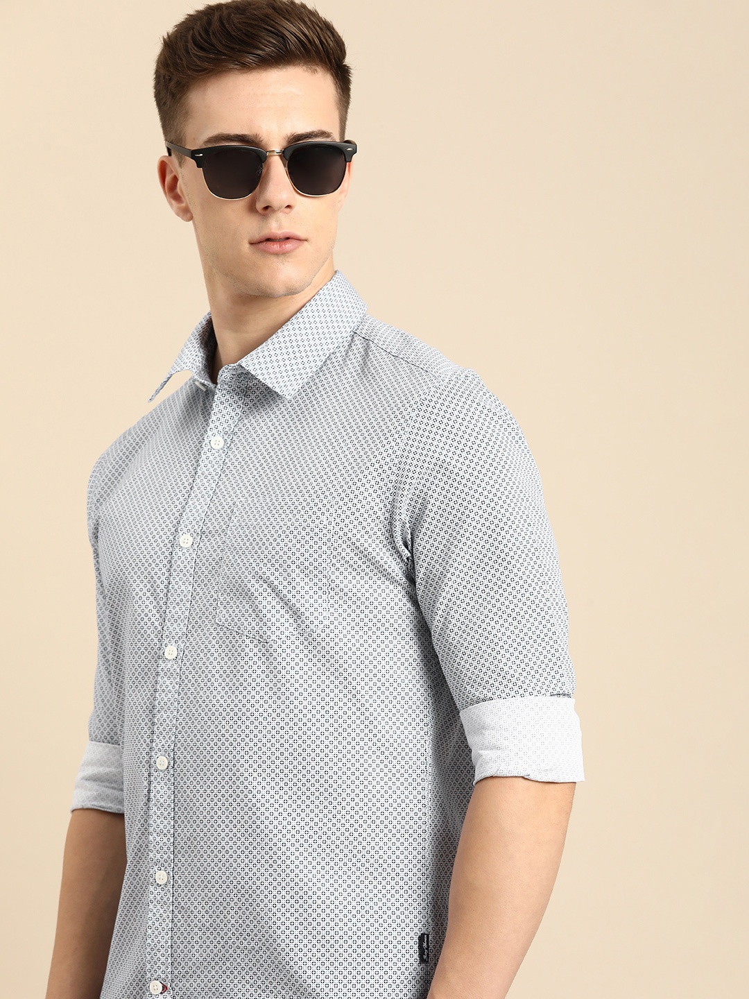 

Being Human Slim Fit Micro-Ditsy Printed Pure Cotton Casual Shirt, White