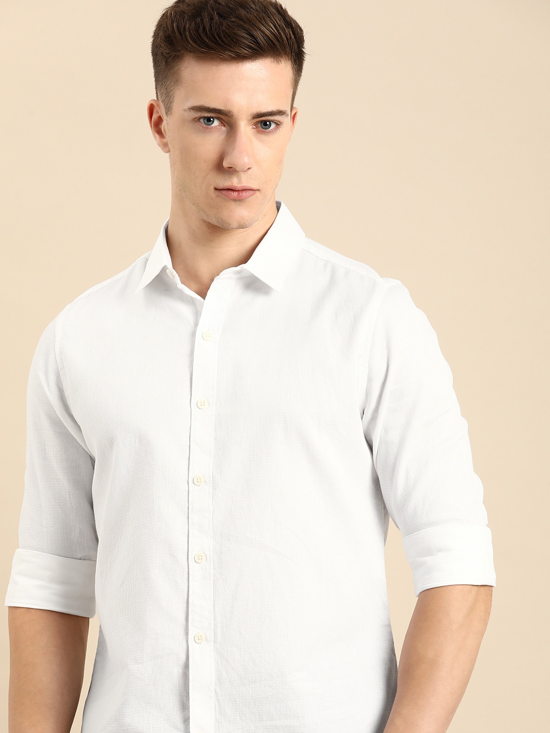 

Being Human Pure Cotton Self Design Slim Fit Textured Casual Shirt, White