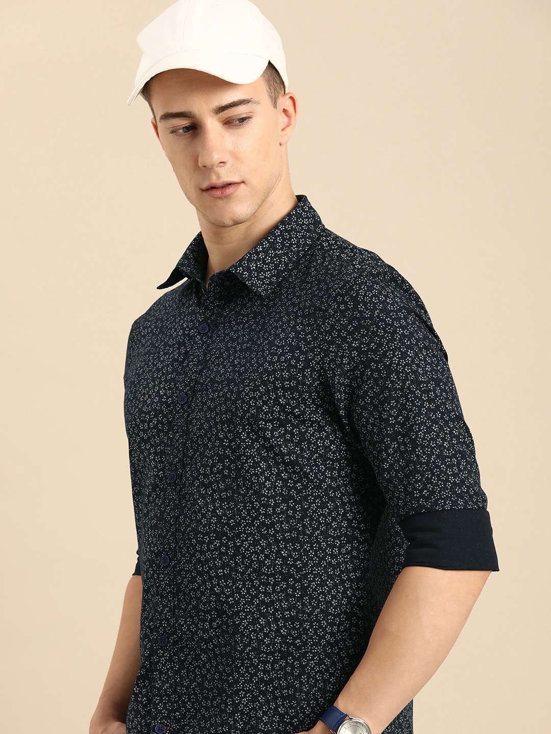 

Being Human Slim Fit Floral Printed Pure Cotton Casual Shirt, Navy blue