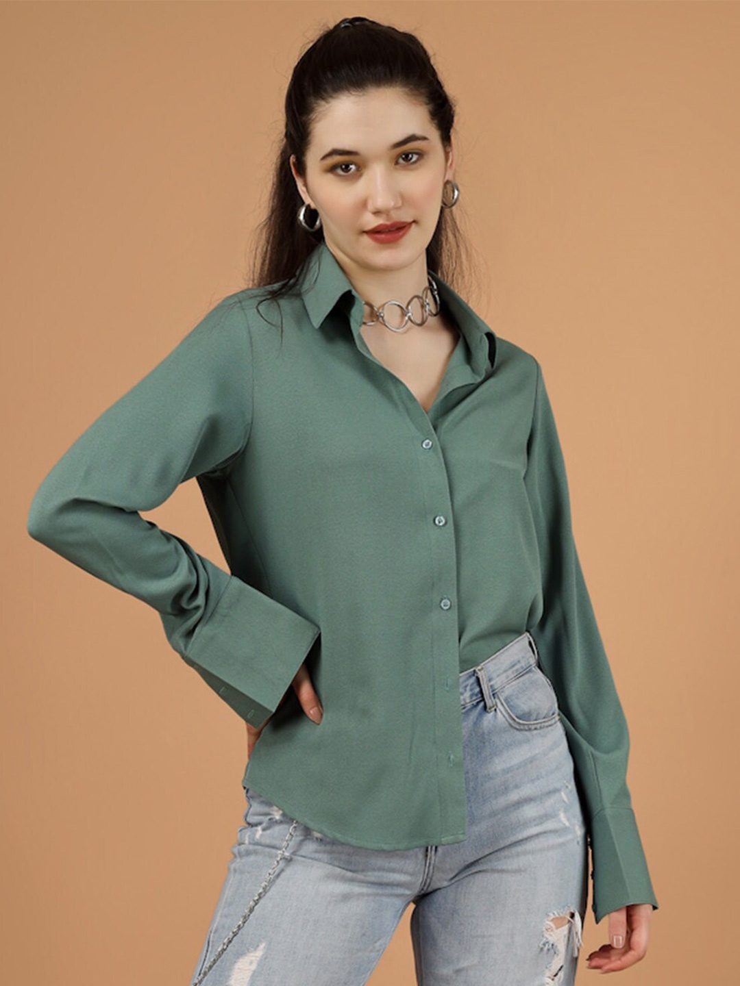 

angloindu Spread Collar Casual Shirt, Green