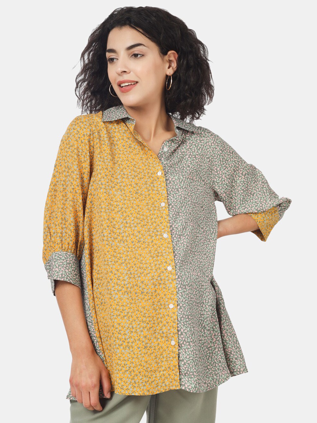 

angloindu Micro Ditsy Printed Spread Collar Regular Fit Maternity Shirt, Yellow