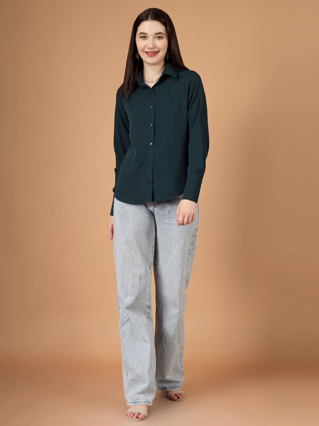 

angloindu Spread Collar Regular Fit Casual Shirt, Sea green