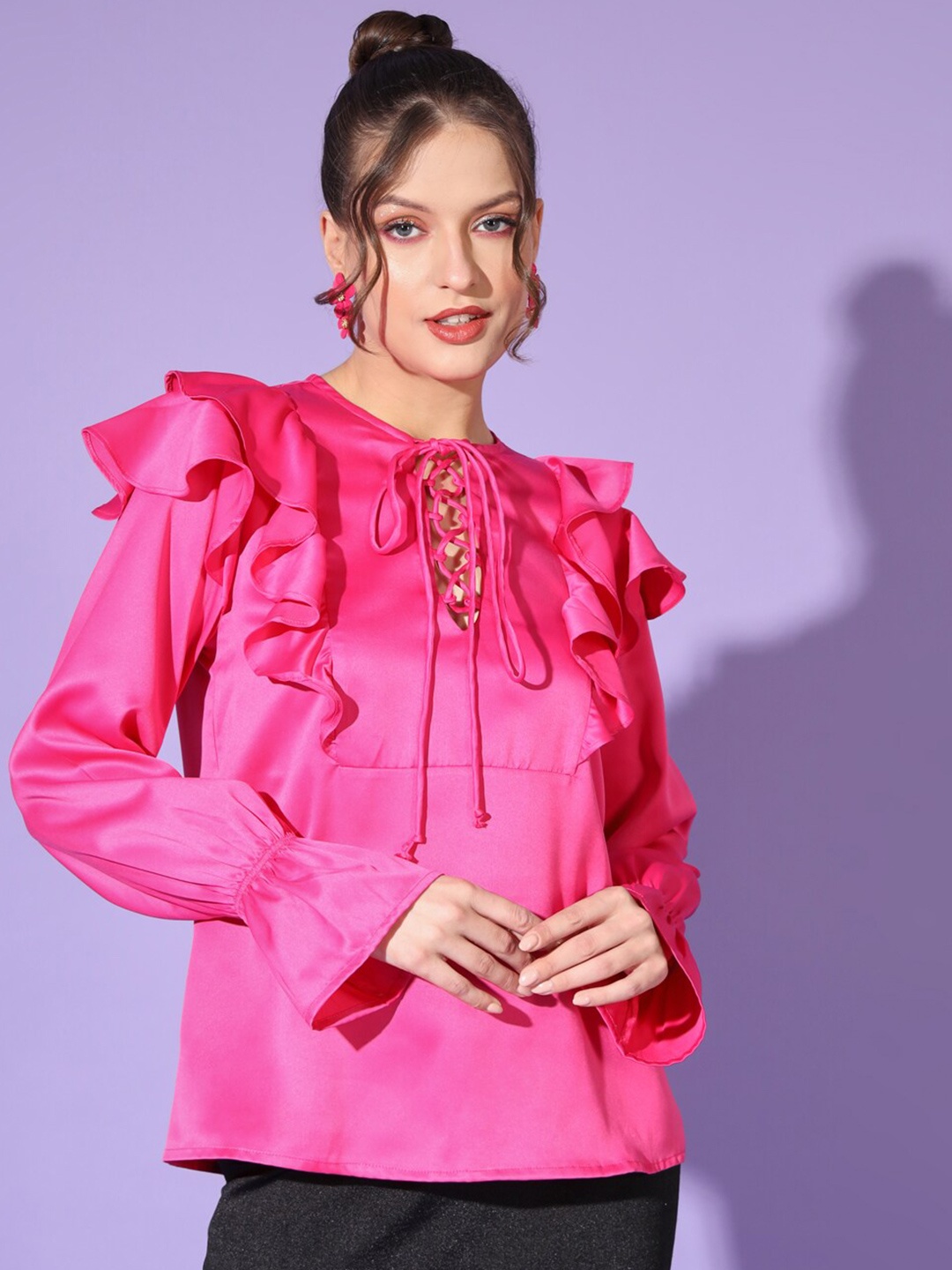 

angloindu Tie-Up Neck Bell Sleeve Ruffles Satin Top, Pink