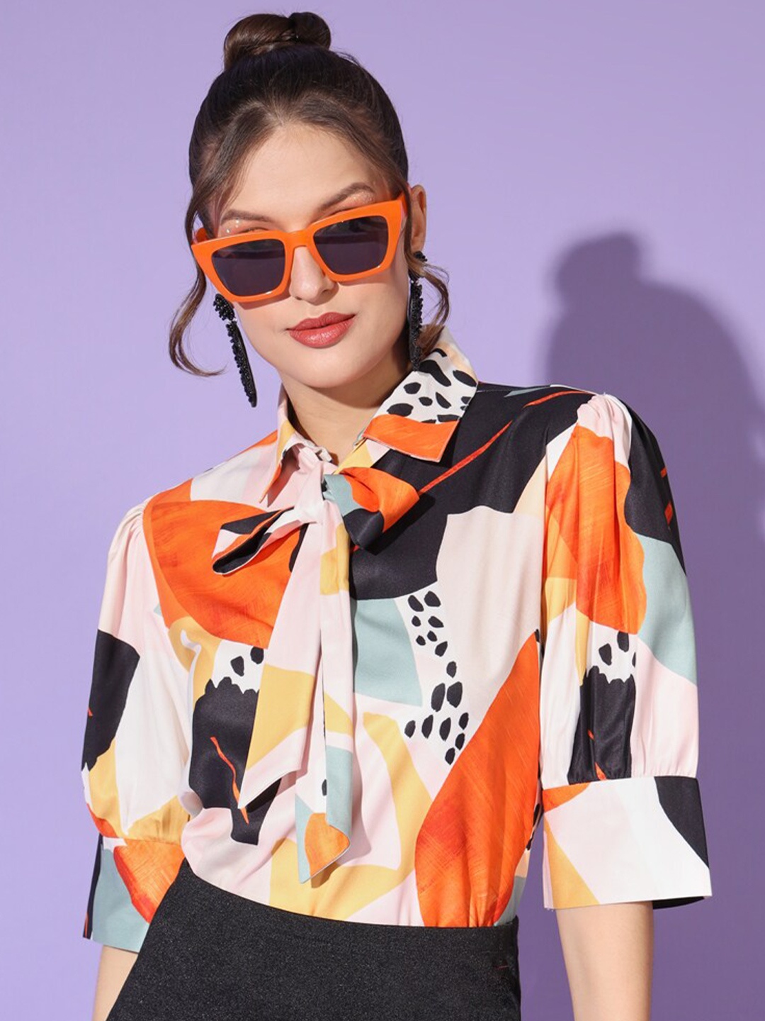 

angloindu Abstract Printed Shirt Collar Puff Sleeve Top, Black