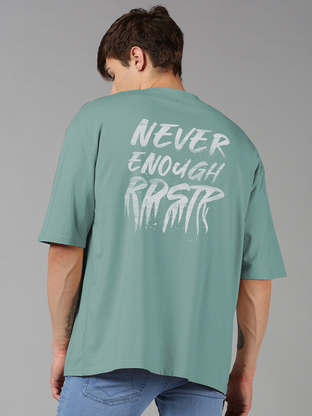 Roadster Blue & White Typography Printed Pure Cotton Oversized T-shirt