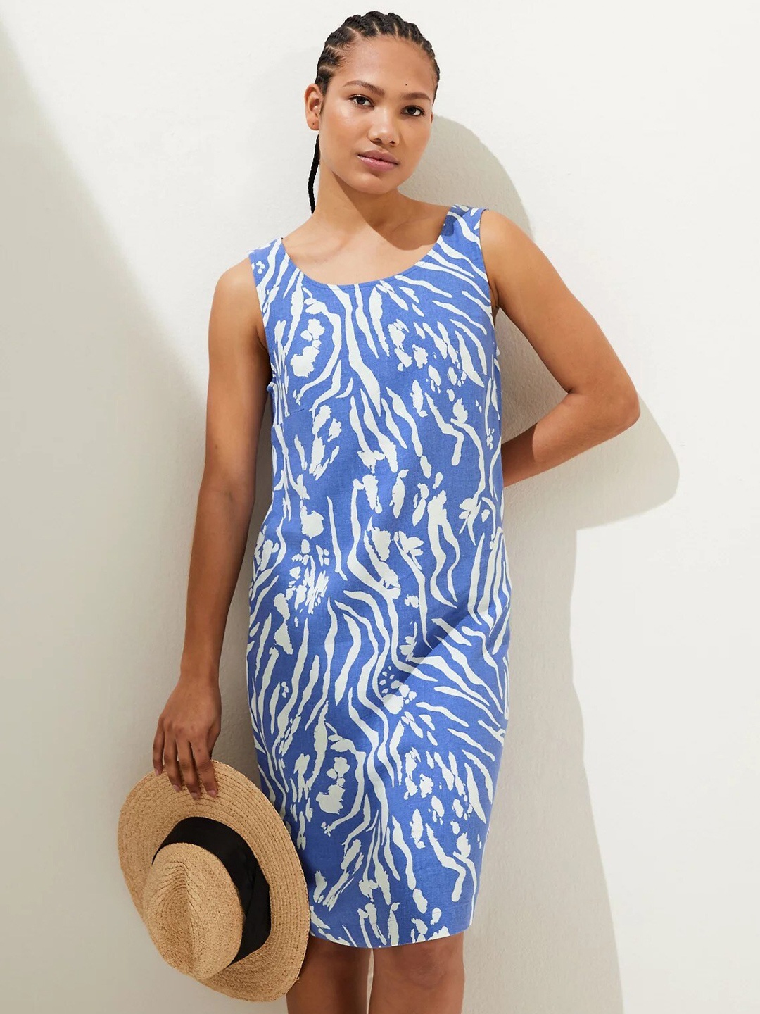 

Marks & Spencer Abstract Printed Round Neck Sleeveless Sheath Dress, Blue