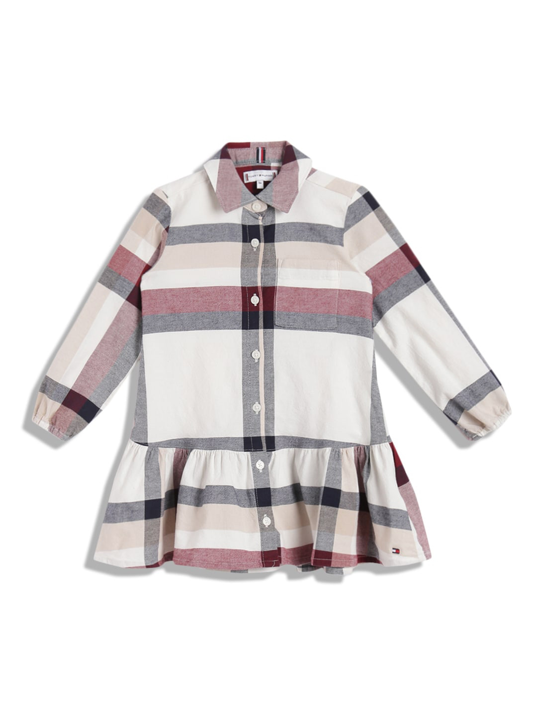 

Tommy Hilfiger Girls Checked Shirt Collar Cuffed Sleeve Gathered Shirt Dress, Off white