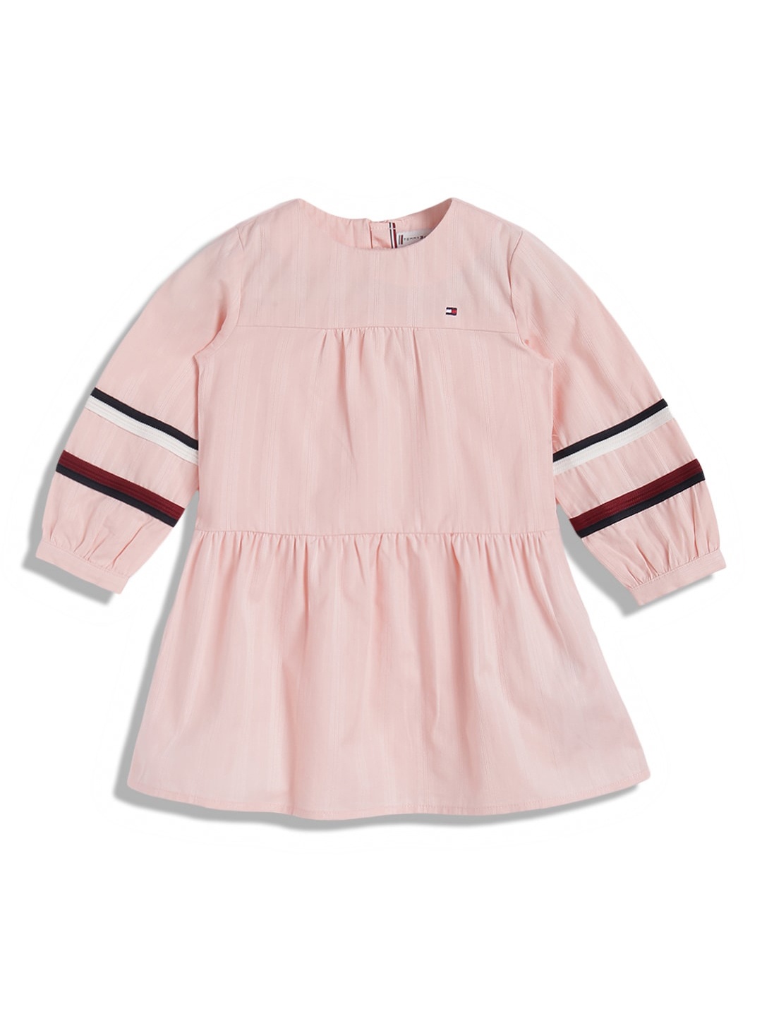 

Tommy Hilfiger Girls Round Neck Cuffed Sleeve Gathered Tiered Pure Cotton A-Line Dress, Pink
