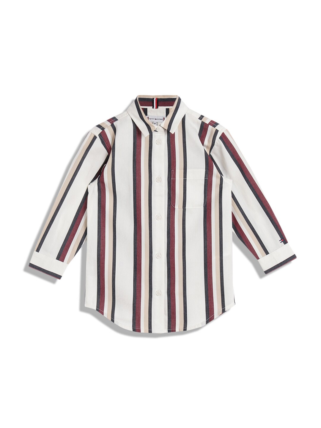 

Tommy Hilfiger Girls Striped Shirt Collar Cuffed Sleeve Gathered Pure Cotton Shirt Dress, White