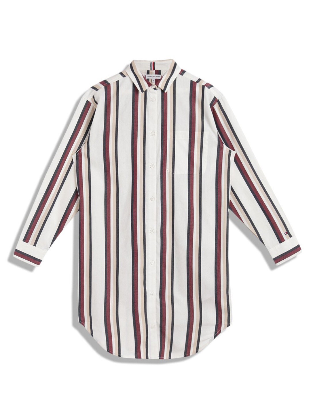 

Tommy Hilfiger Girls Striped Shirt Collar Cuffed Sleeve Gathered Pure Cotton Shirt Dress, Off white