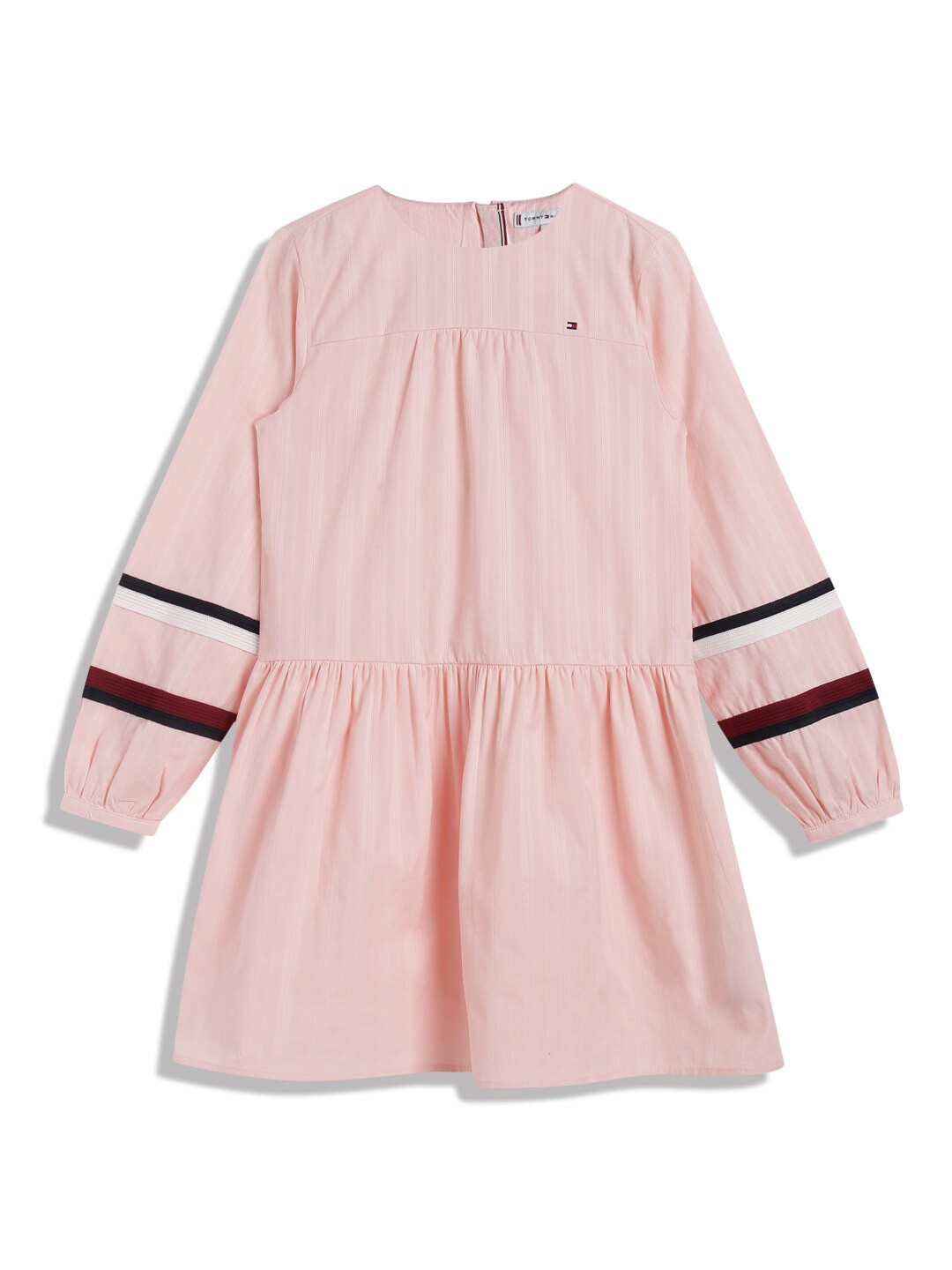 

Tommy Hilfiger Girls Round Neck Cuffed Sleeve Gathered Tiered Pure Cotton A-Line Dress, Pink