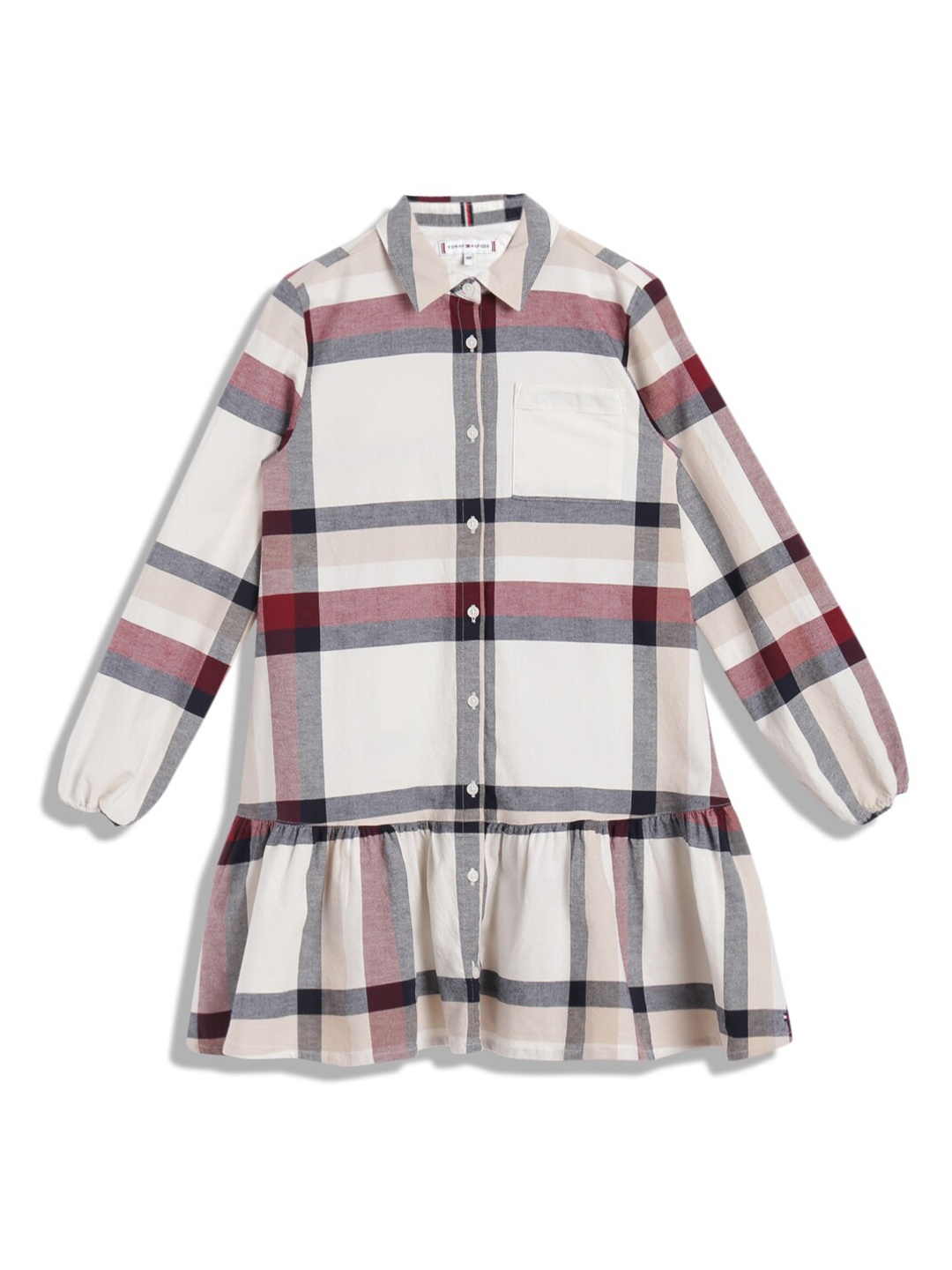 

Tommy Hilfiger Girls Checked Shirt Collar Cuffed Sleeve Gathered Shirt Dress, Off white