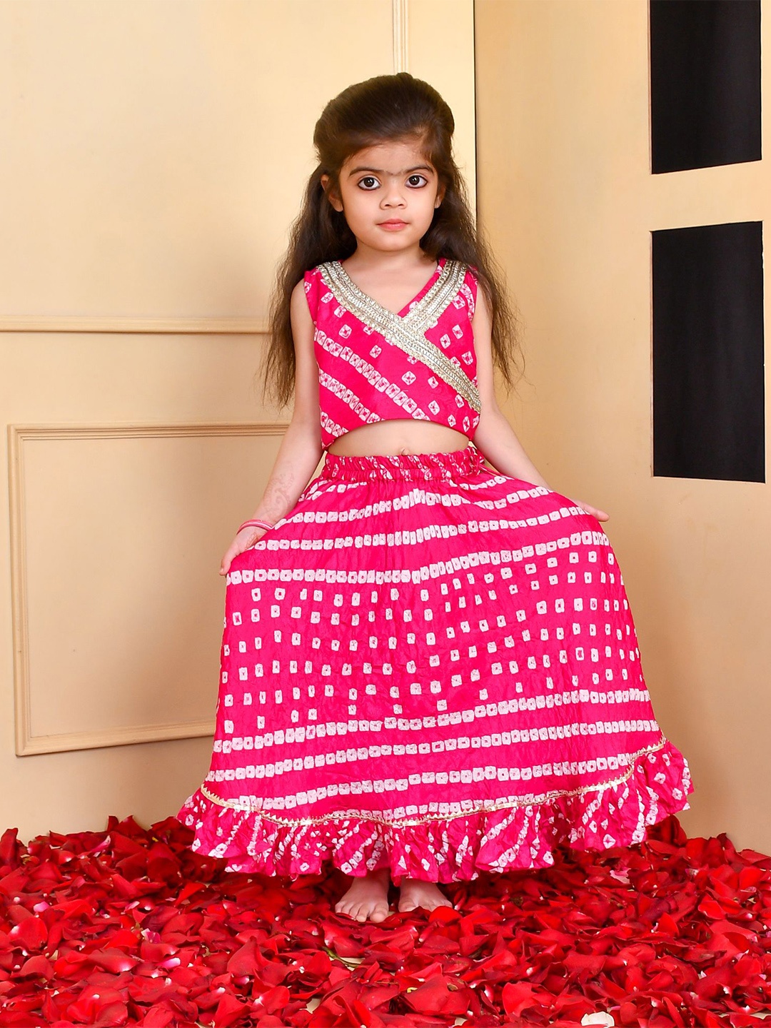 

Rangpur Girls Bandhani Printed Gotta Patti Ready to Wear Silk Lehenga Choli, Magenta