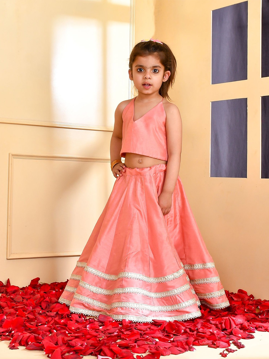 

Rangpur Girls Gotta Patti Ready to Wear Silk Lehenga Choli, Peach