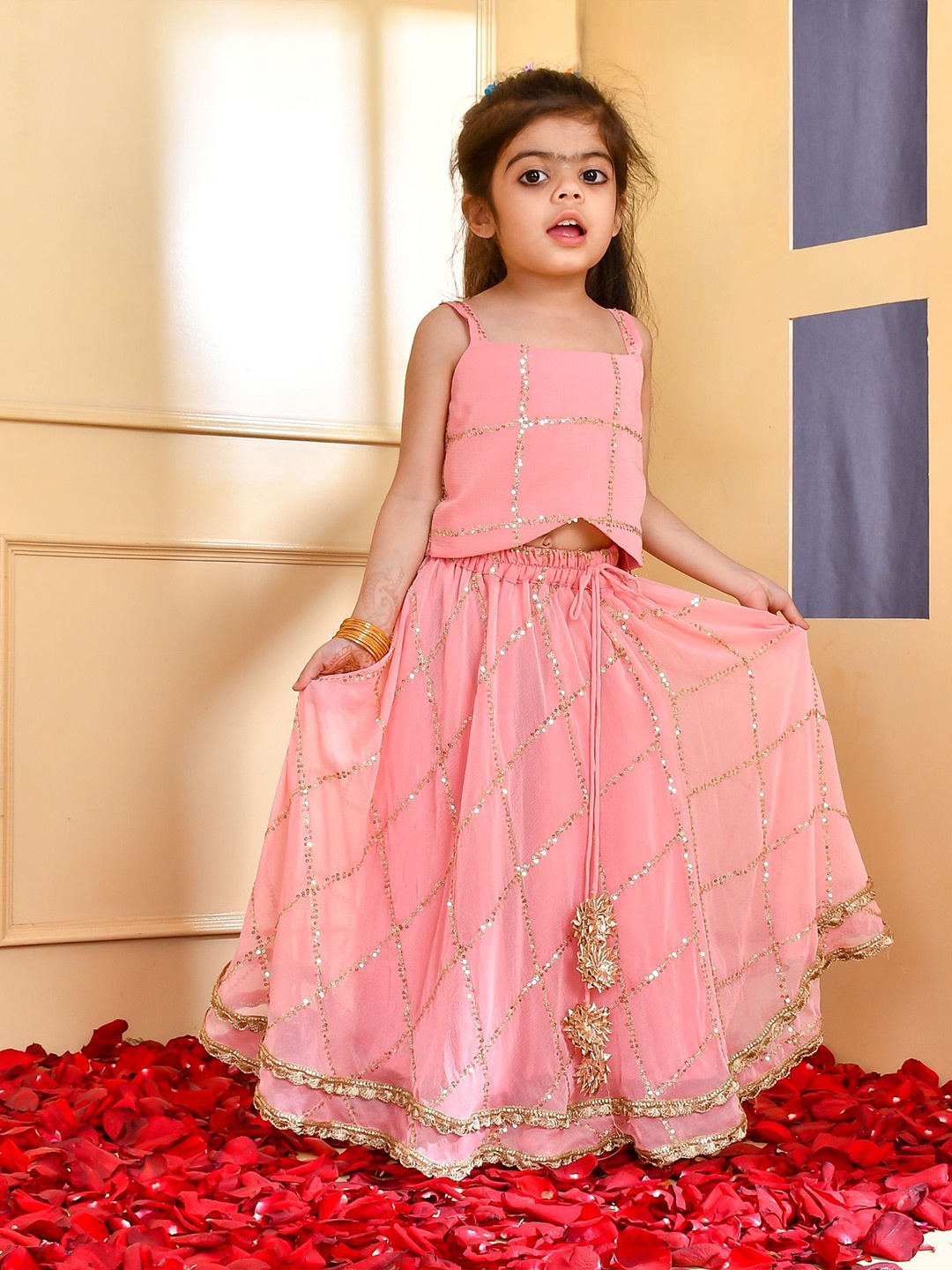 

Rangpur Girls Square Neck Embroidered Sequinned Lehenga & Blouse, Peach