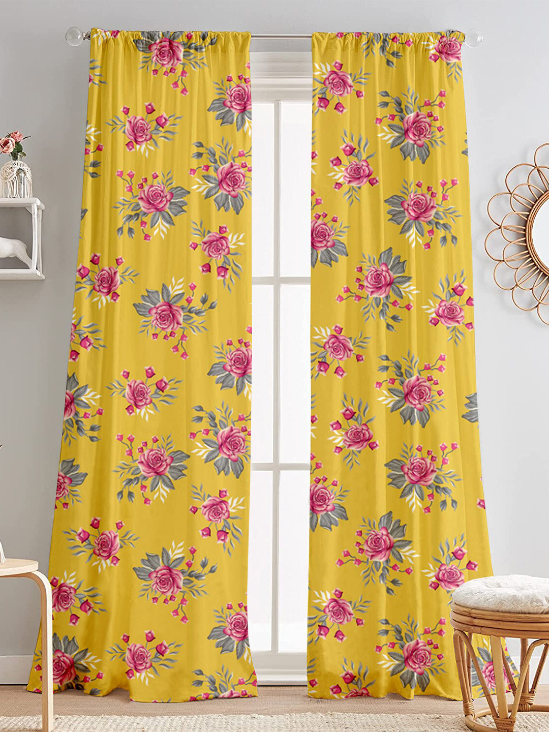 

Lushomes 2 Pcs Yellow & Pink Floral Black Out Door Curtain