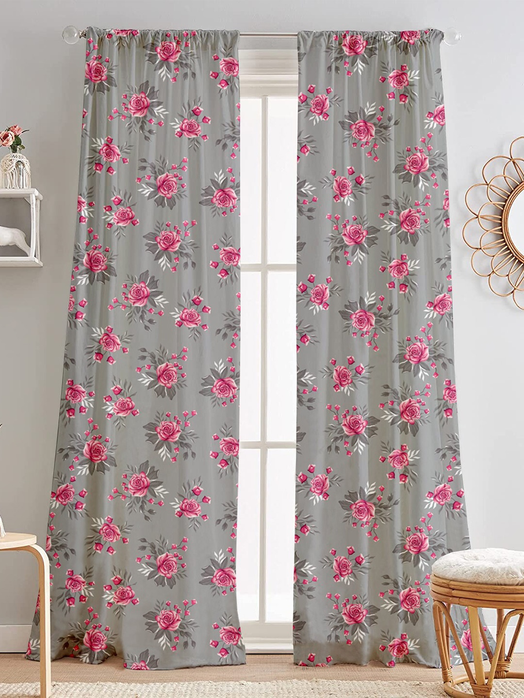 

Lushomes Grey & Pink 2 Pieces Floral Black Out Door Curtain