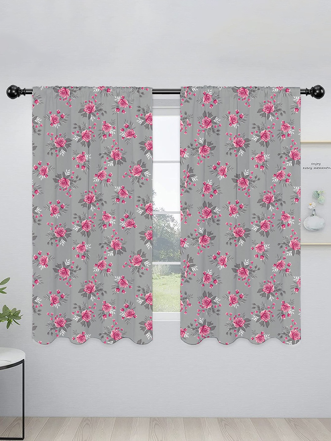 

Lushomes Grey & Pink 2 Pieces Floral Black Out Window Curtains