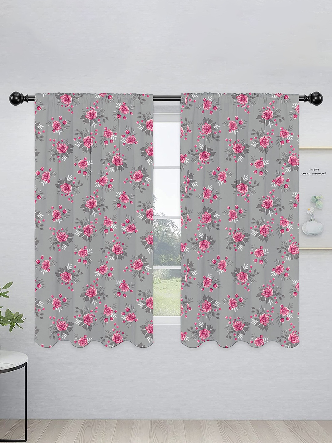 

Lushomes Grey & Pink 2 Pieces Floral Black Out Window Curtains