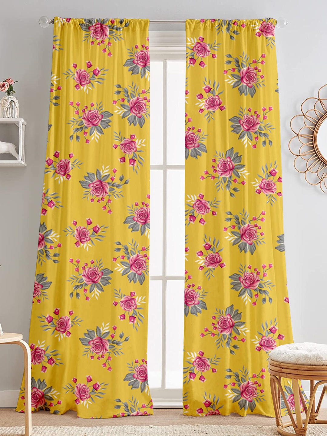 

Lushomes Yellow & Pink 2 Pieces Floral Black Out Door Curtains