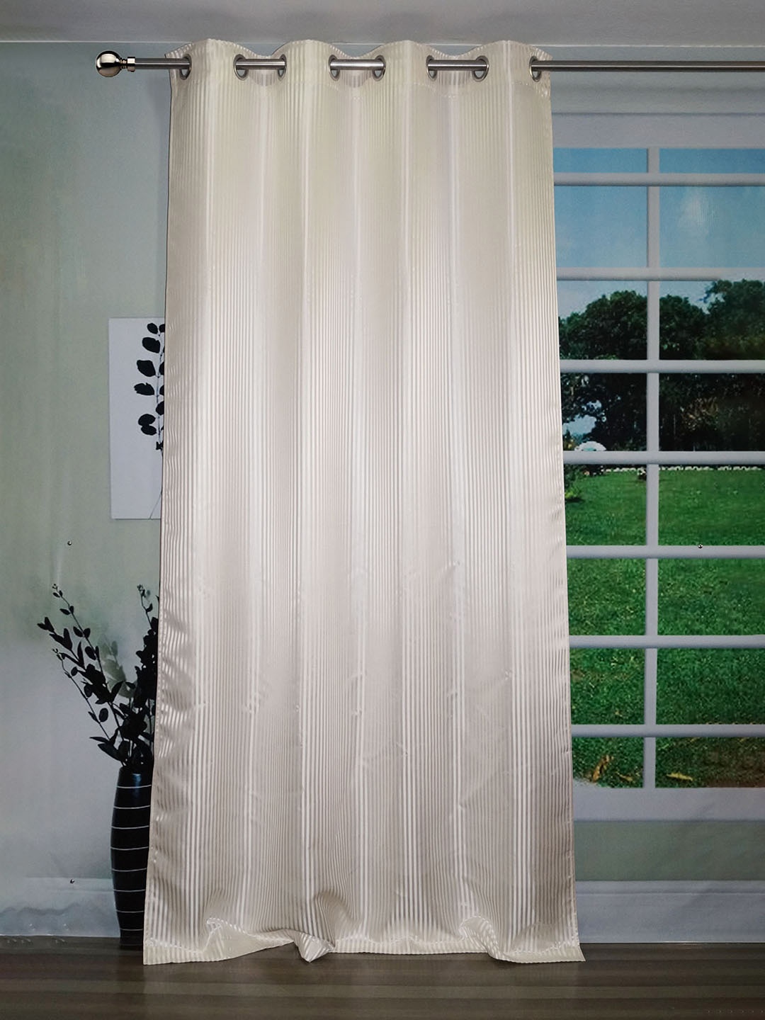 

Lushomes Cream-Coloured Striped Black Out Door Curtain