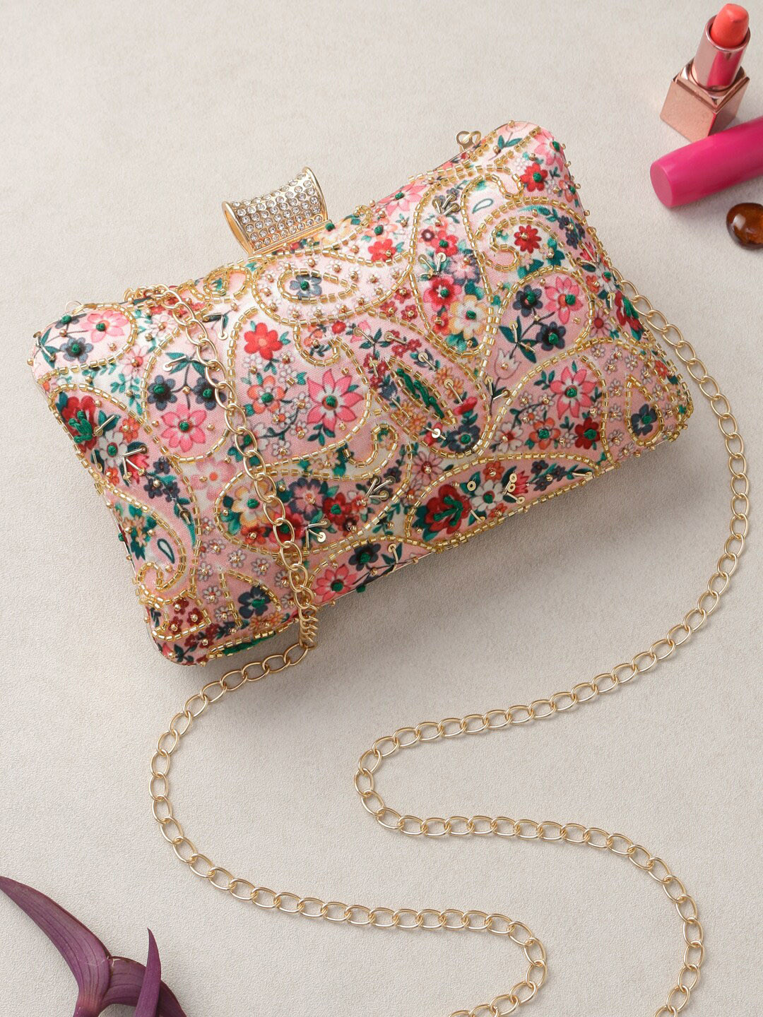 

Swisni Embroidered Box Clutch, Pink