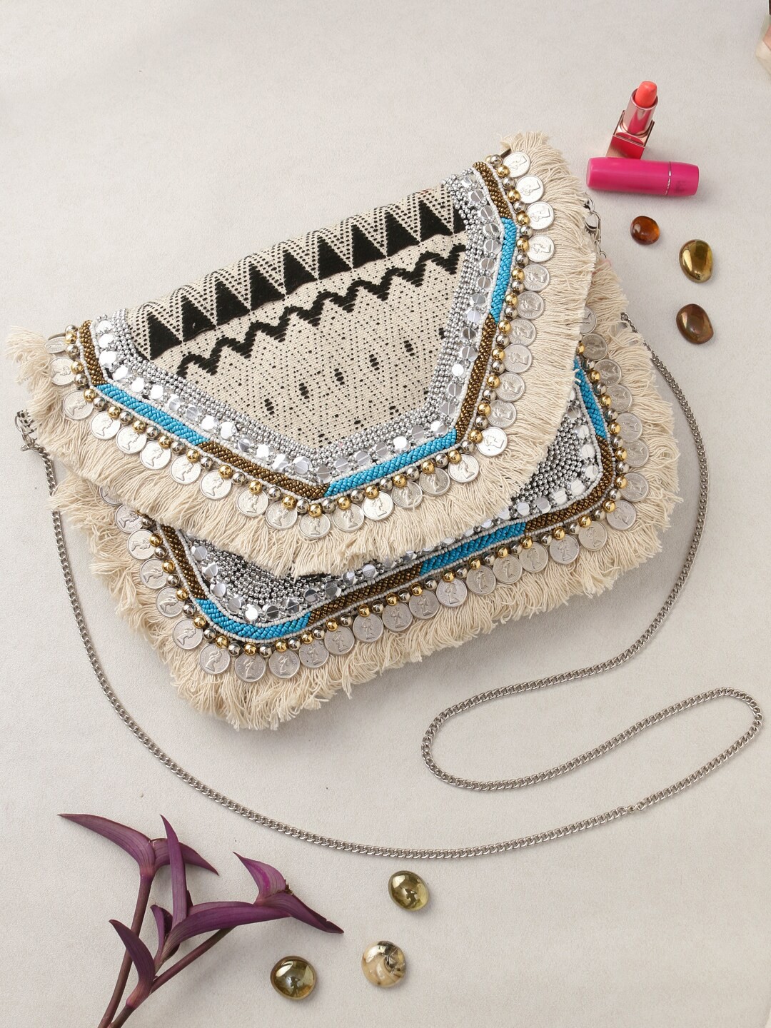 

Swisni Embroidered Tasselled Envelope Clutch, Cream