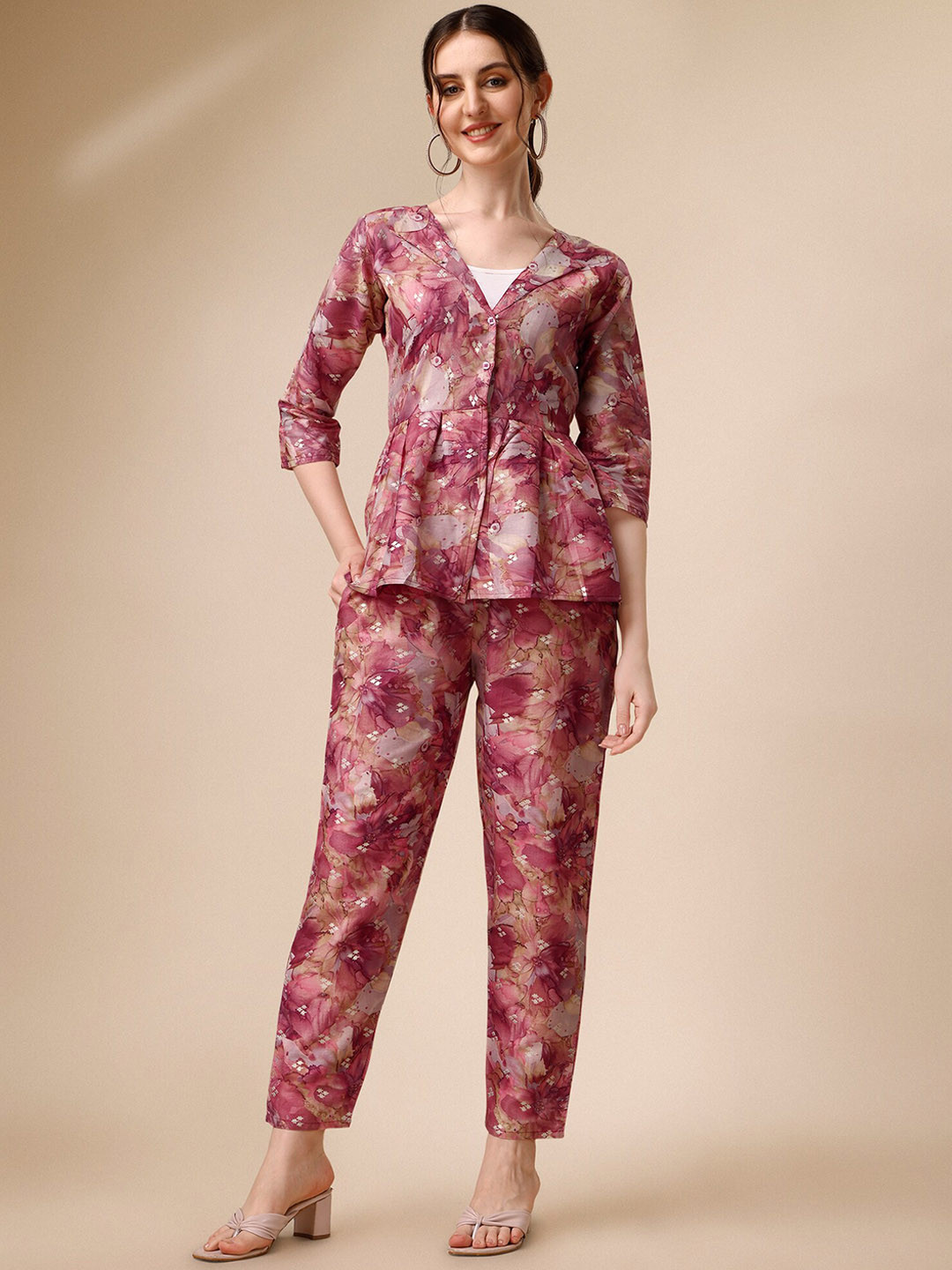 

Vaidehi Fashion Floral Printed Cotton Top With Trousers, Burgundy