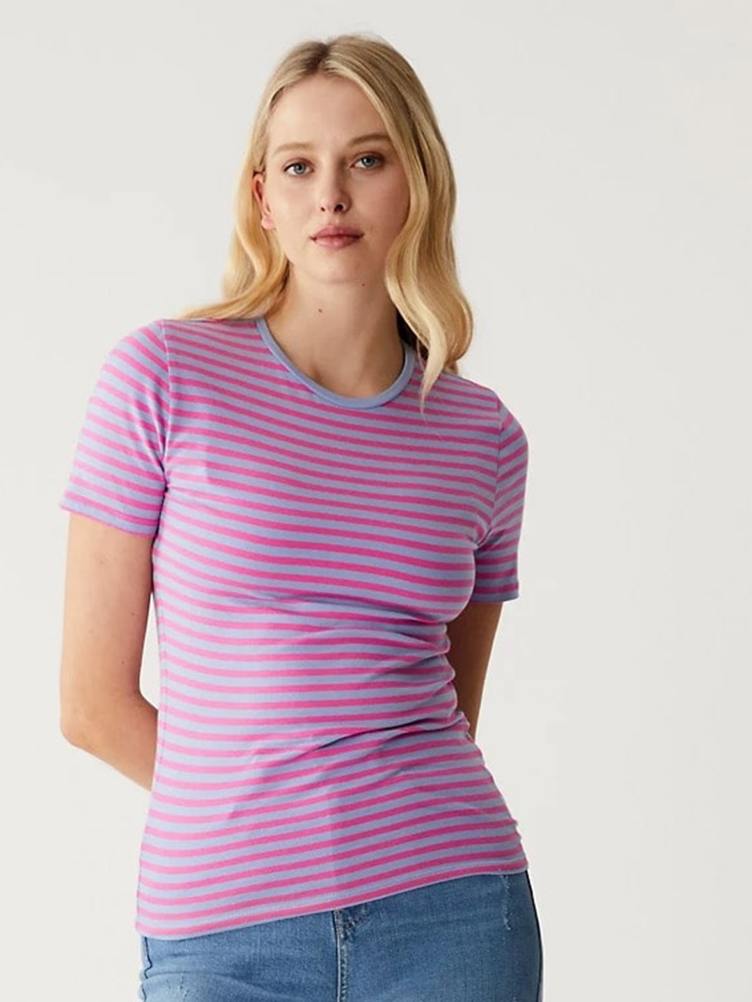 

Marks & Spencer Striped Round Neck Regular Fit T-shirt, Blue